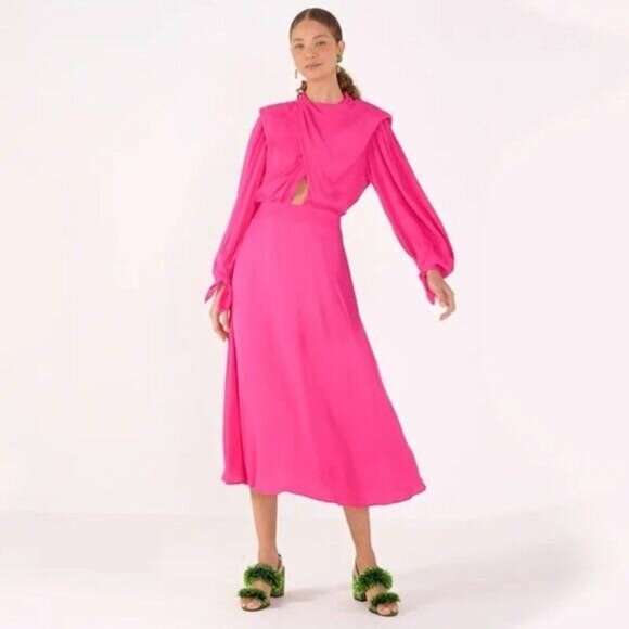 Farm Rio Maxi Dress Cut Out Satin Pink L Shoulder Pad Long-Sleeve Cocktail - Picture 16 of 16